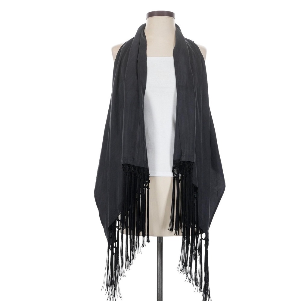 Theory Women Black Fringed Open Front Draped Vest Silk Blend Size 0 Boho